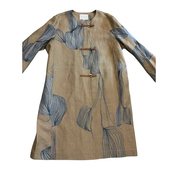 NWOT Lafayette 148 100% Linen Jacket 2XL Blue Khaki Brown $1,498 Leather Straps - Picture 6 of 9